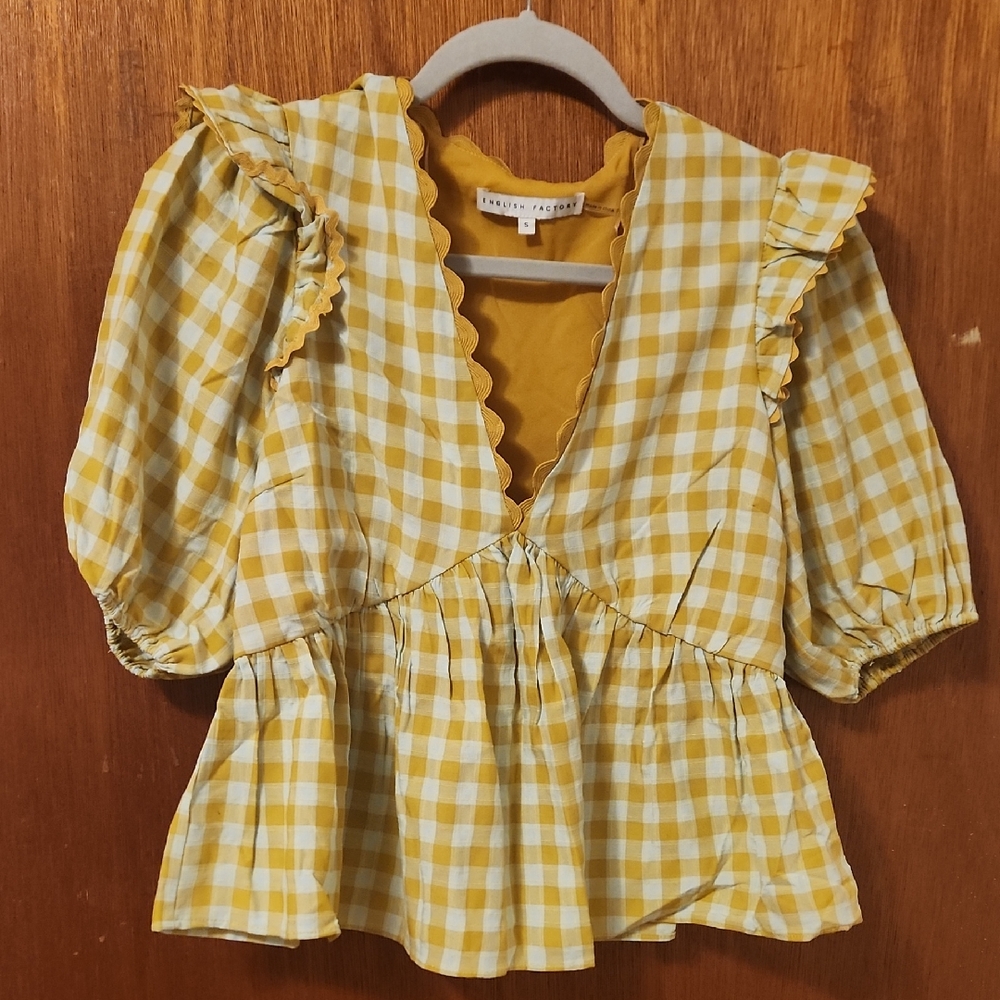 English Factory Yellow and White Gingham Blouse with Ruffles